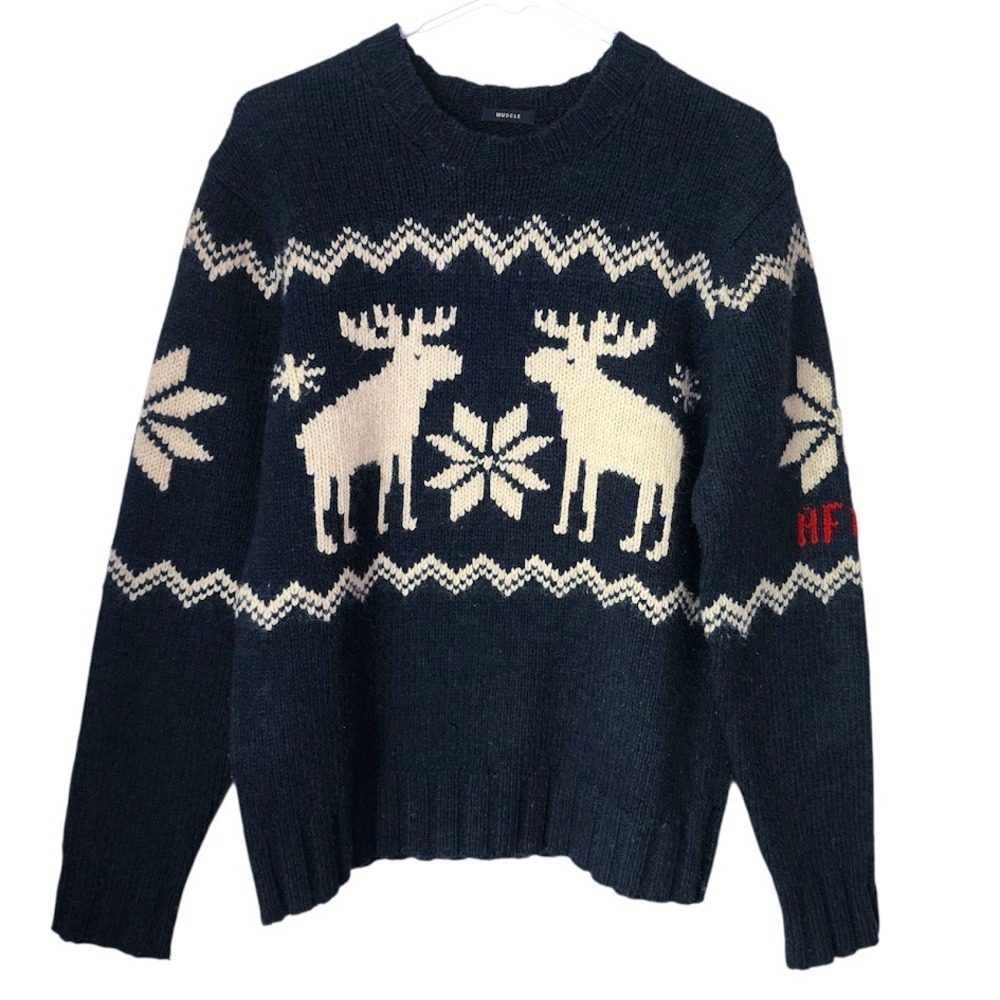 ABERCROMBIE & FITCH Y2K‎ Wool Nordic Moose Sweater Navy Blue Cabincore Holiday S